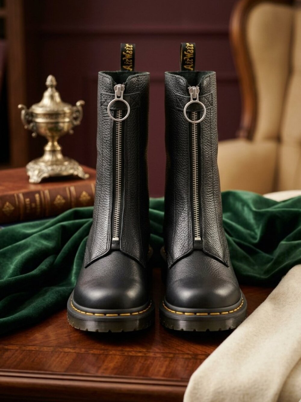 Dr. Martens 1B99 Black Aunt Sally Pebbled Leather Front Zip Mid-Calf Boots